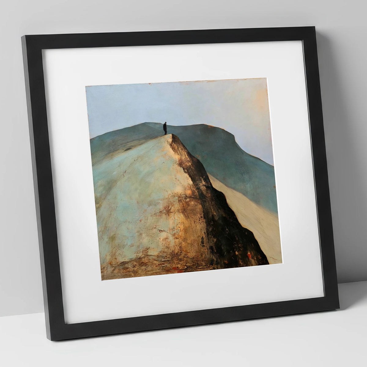 Walker on Golden Striding Edge lake district walking art print in black frame