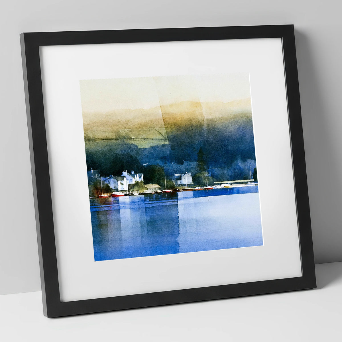 Bowness Bay in Deep Indigo lake district village art print in black frame
