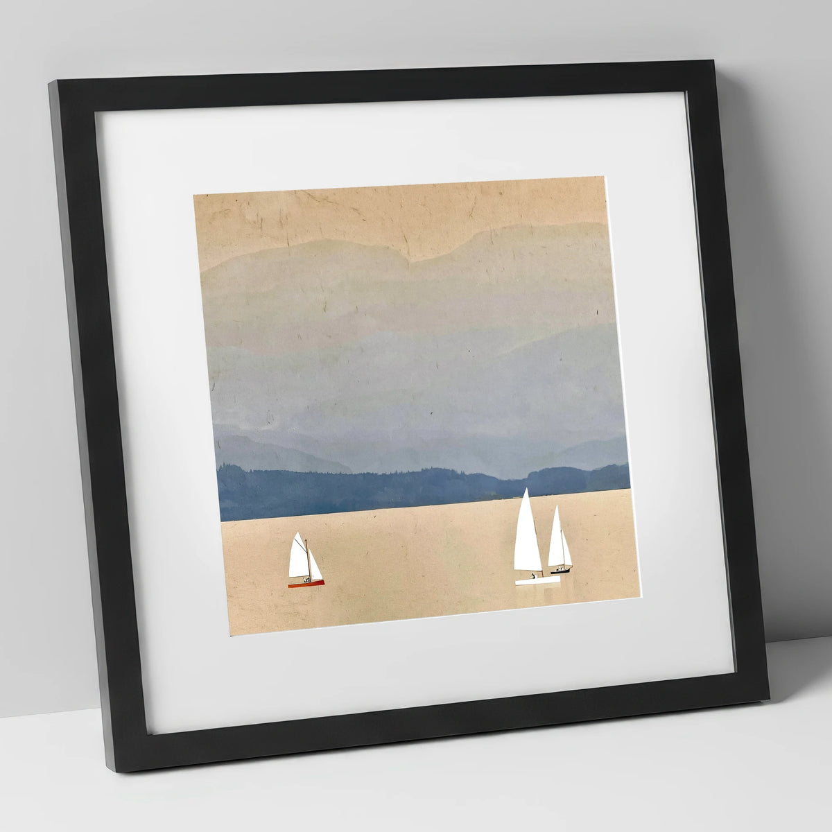 White Sails on Misty Windermere lake district lake art print in black frame
