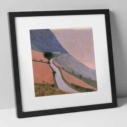 Winding Mountain Pass in Dusk Pink lake district valley art print in black frame
