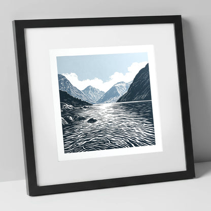 Graphic Navy Wastwater Screes lake district lake art print in black frame