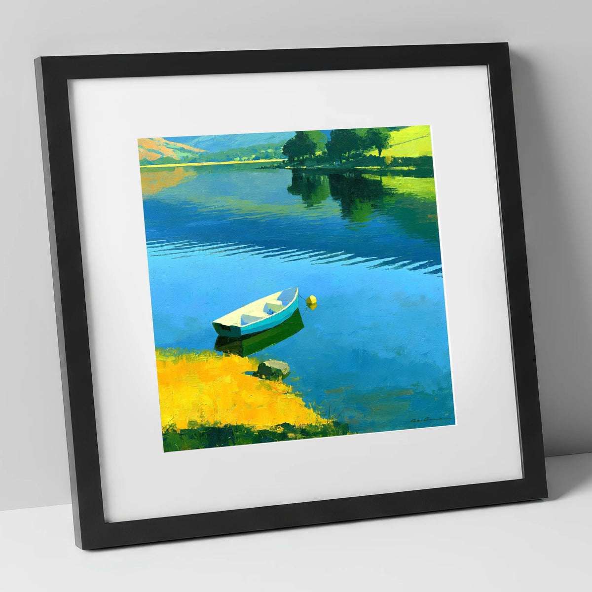 Blue Rowing Boat on Luminous Water lake district lake art print in black frame
