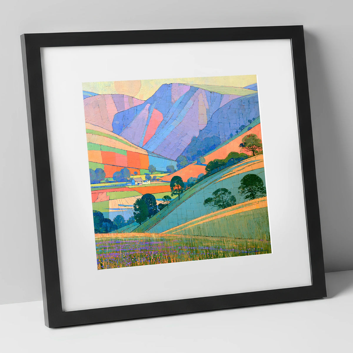 Vibrant Patchwork Fells at Evening lake district sky art print in black frame