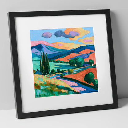 Vivid Golden Light on the Fells lake district sky art print in black frame
