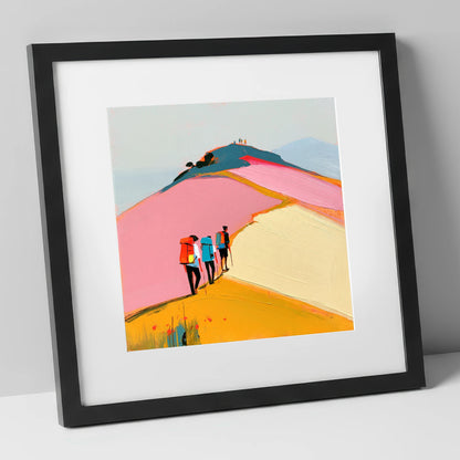 Colourful Fell Ridge Hikers lake district fell art print in black frame