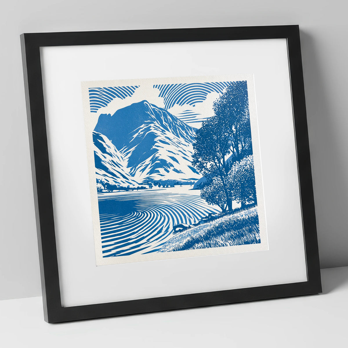 Cobalt Blue Buttermere Landscape lake district lake art print in black frame