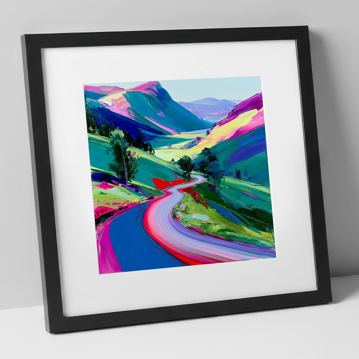 Vibrant Winding Mountain Pass lake district valley art print in black frame