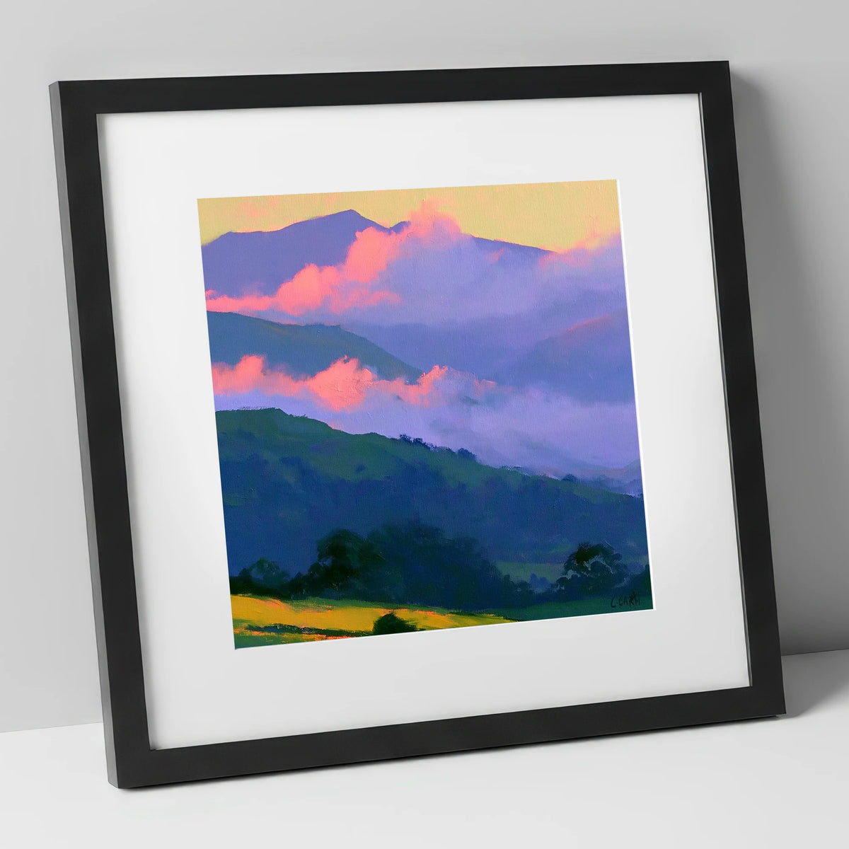 Pink Clouds Over Rolling Fells lake district fell art print in black frame