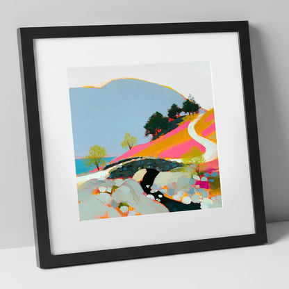 Bold Colours at Ashness Bridge lake district waterfall art print in black frame