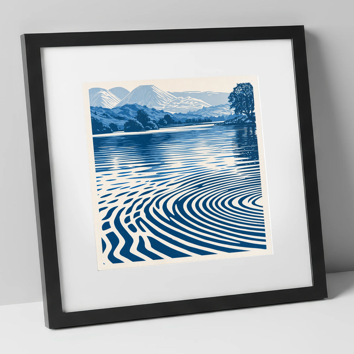 Calm Lake Ripples in Cobalt lake district lake art print in black frame