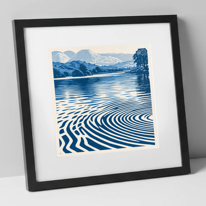 Calm Lake Ripples in Cobalt lake district lake art print in black frame