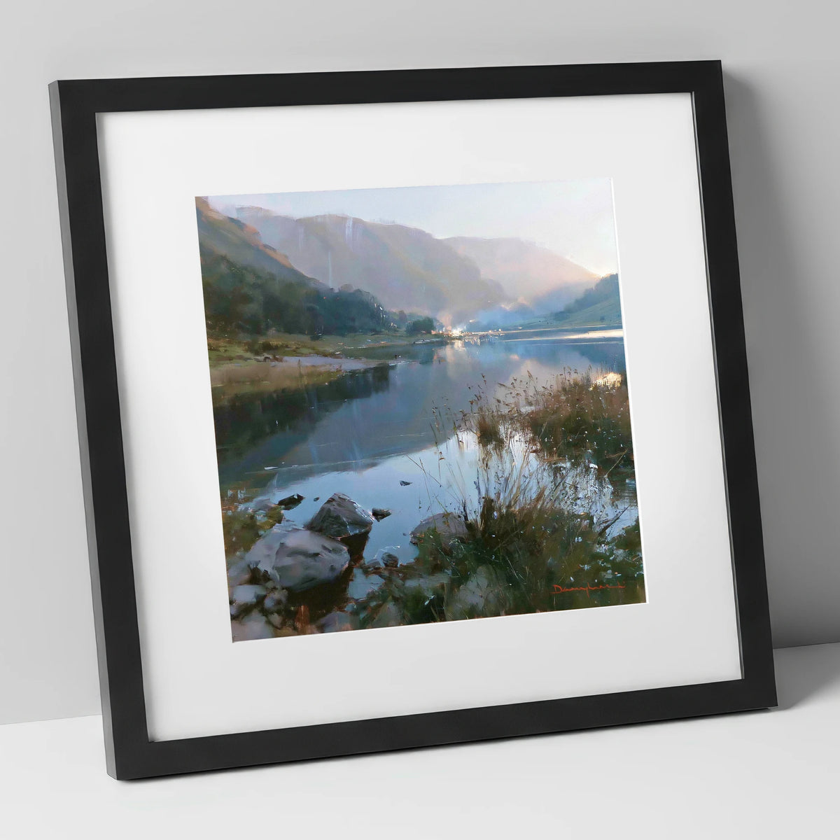 Still Lake Beneath Misty Fells lake district lake art print in black frame
