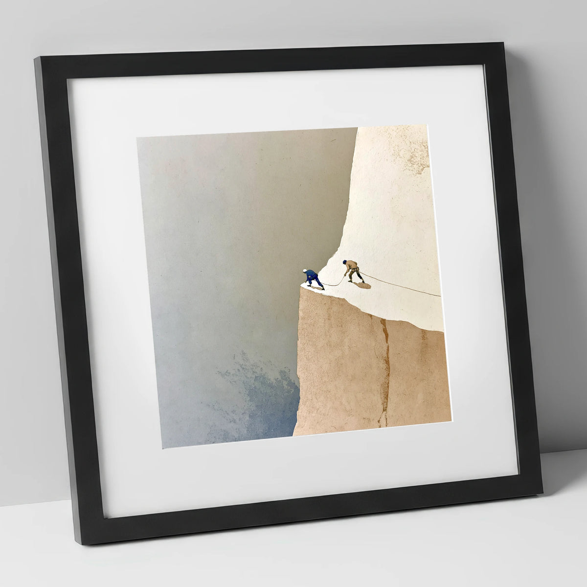 Climbers on a Misty Crag lake district walking art print in black frame