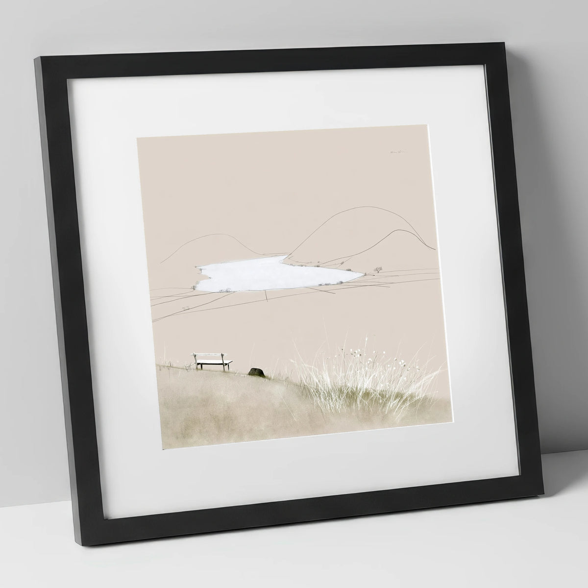 Loweswater Bench in Neutral Tones lake district lake art print in black frame