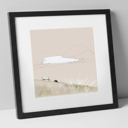 Loweswater Bench in Neutral Tones lake district lake art print in black frame
