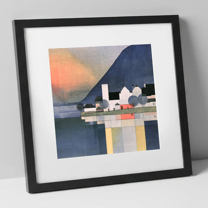 Lakeside Village Geometric Reflections lake district village art print in black frame