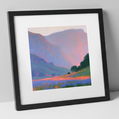Pink Light Over Valley Fells lake district valley art print in black frame