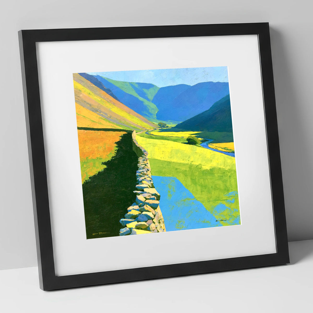 Drystone Wall Through Vibrant Valley lake district valley art print in black frame