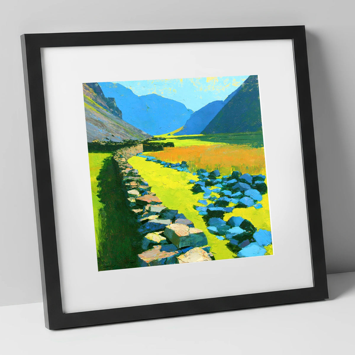 Sunlit Stone Wall and Blue Fells lake district valley art print in black frame
