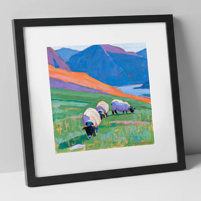 Herdwick Sheep on Colourful Fell lake district wildlife art print in black frame