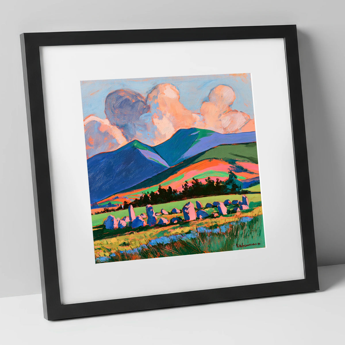 Vivid Standing Stones Below Blencathra lake district fell art print in black frame
