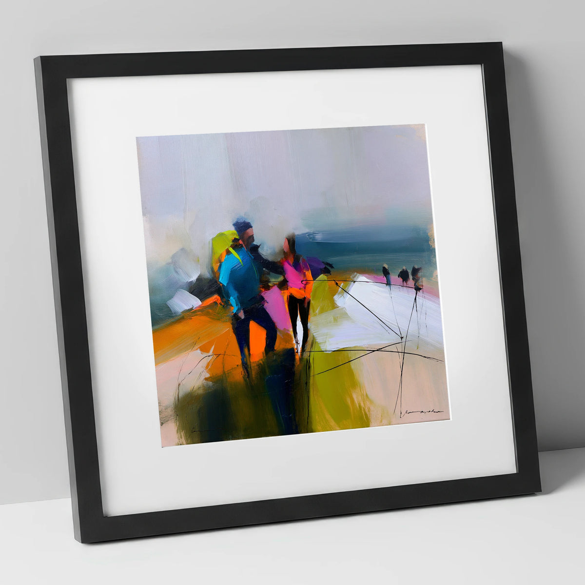 Bold Hikers on a High Fell lake district fell art print in black frame