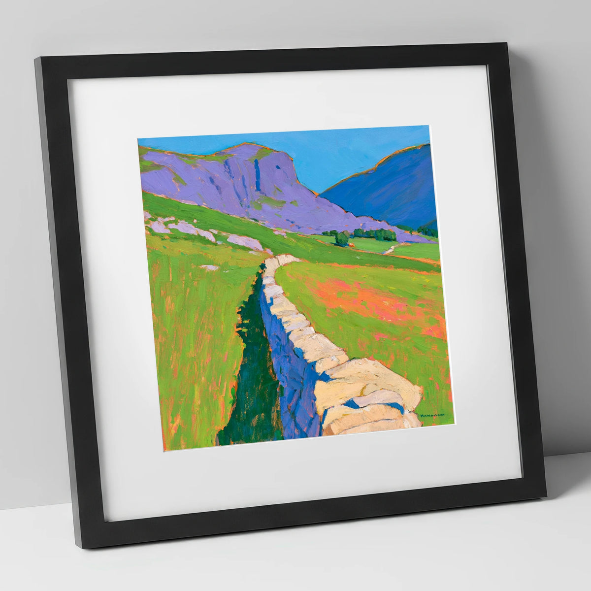 Vibrant Valley Drystone Wall lake district valley art print in black frame