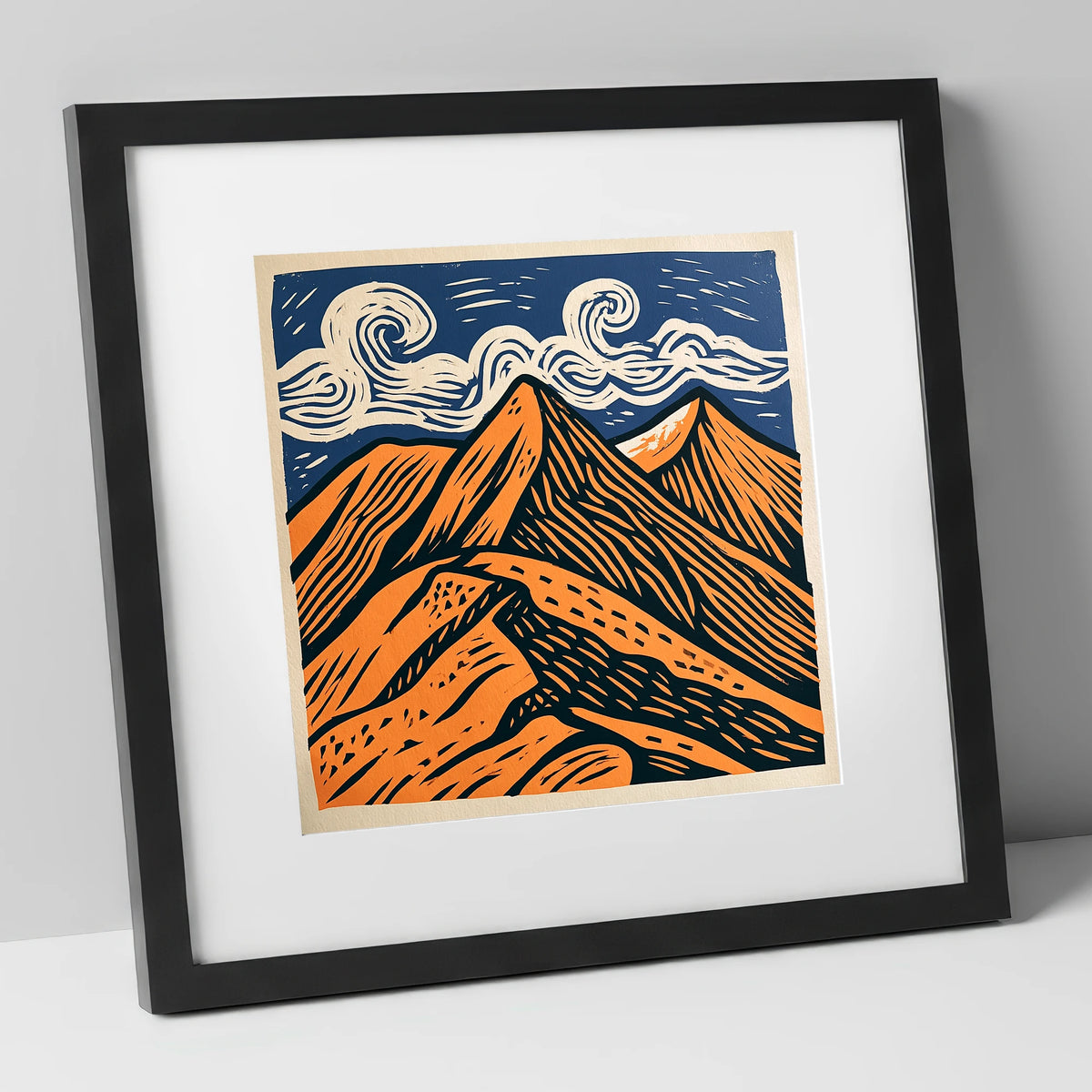 Striking Helvellyn Peaks in Terracotta lake district fell art print in black frame
