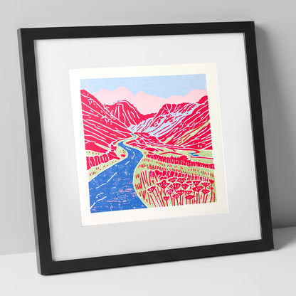 Red Fells Over Hardknott Pass lake district valley art print in black frame