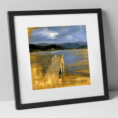 Waterhead Jetty Under Slate Skies lake district village art print in black frame