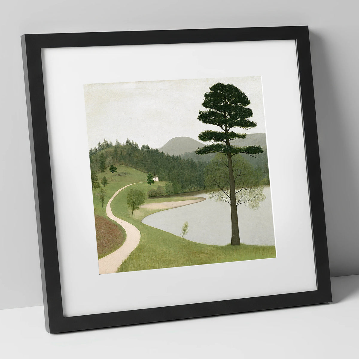 Tall Pine at Tarn Hows lake district lake art print in black frame
