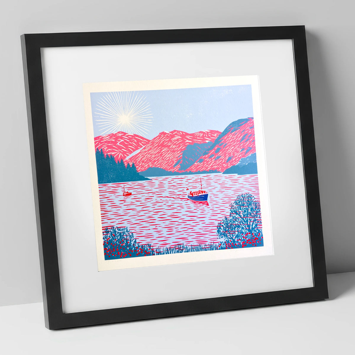 Ullswater Beneath Vibrant Pink Fells lake district lake art print in black frame