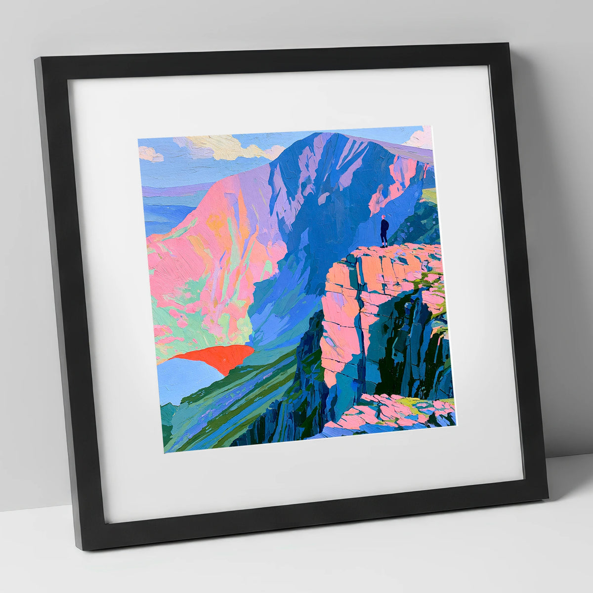 Helvellyn Walker in Vibrant Colour lake district fell art print in black frame