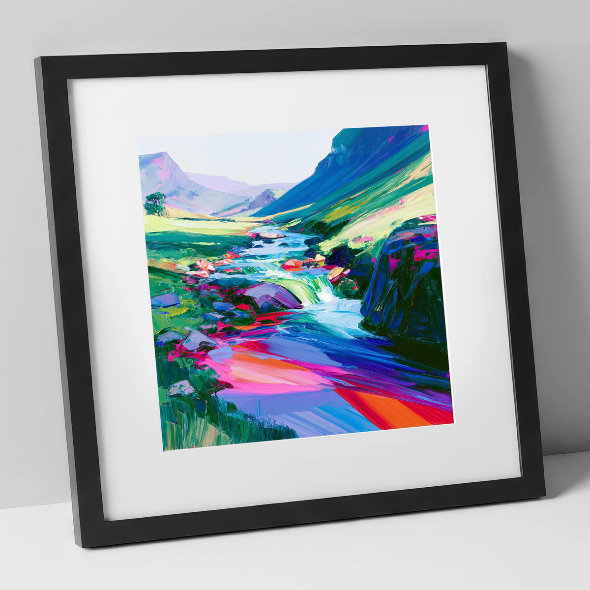 Vivid Fellside Beck Waterfall lake district waterfall art print in black frame