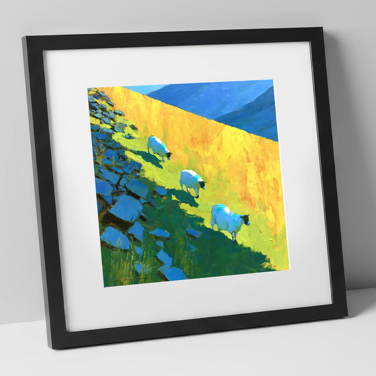 Fellside Sheep in Radiant Mountain Sunlight lake district wildlife art print in black frame