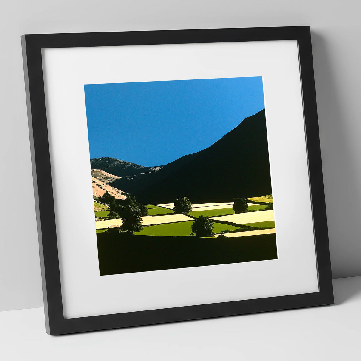 Dale Patchwork in Deep Shadow lake district valley art print in black frame
