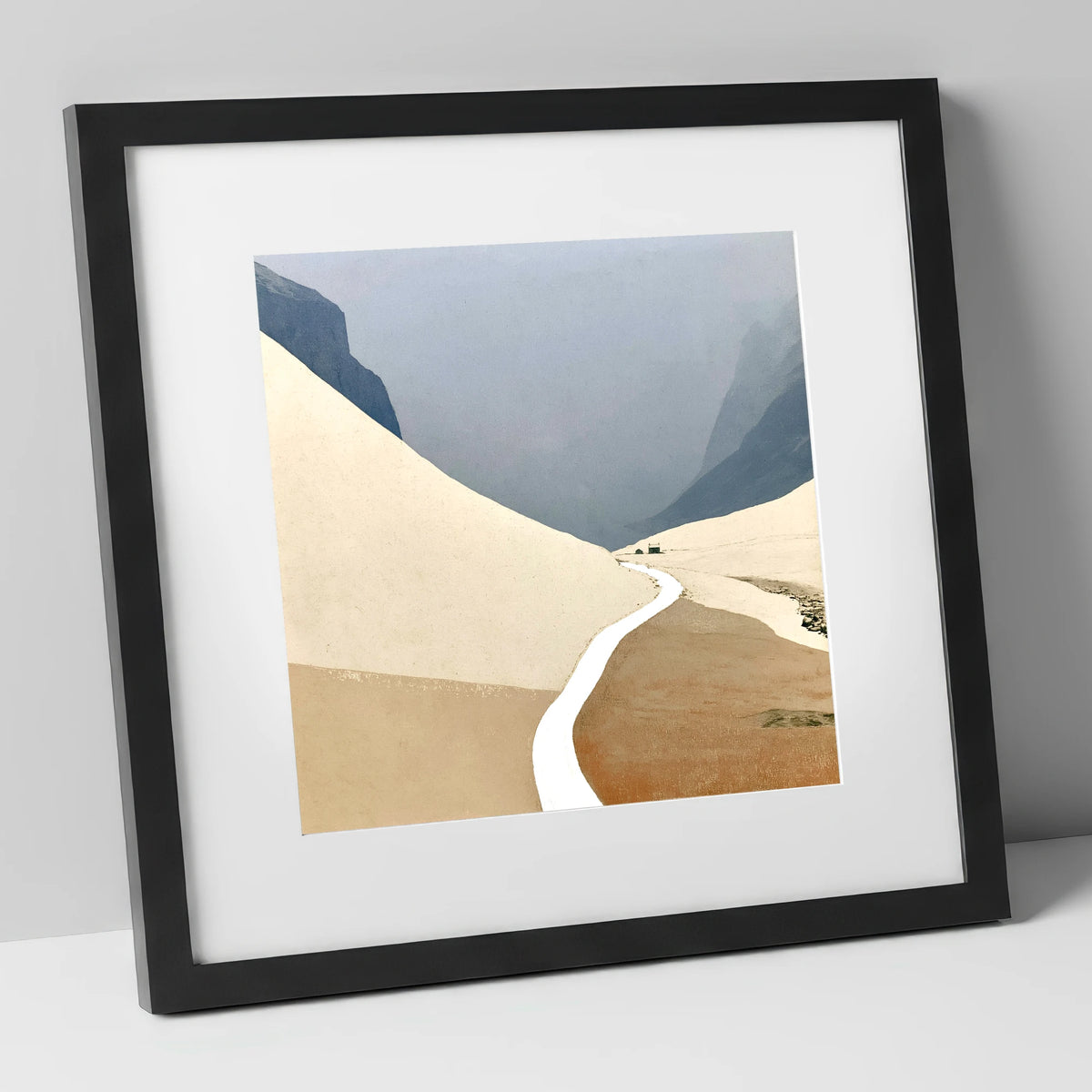 Winding Mountain Path through Winter Fells lake district valley art print in black frame