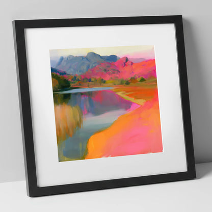 Vibrant Elterwater and Pink Fells lake district lake art print in black frame