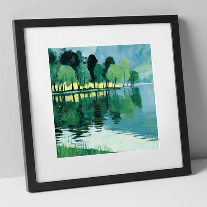 Still Lake Reflections at Dawn lake district lake art print in black frame