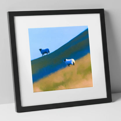 Herdwick Sheep on Blue Fellside lake district wildlife art print in black frame