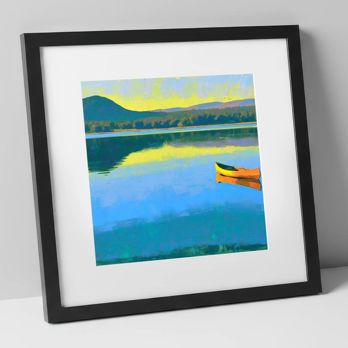Bold Yellow Canoe on Windermere lake district lake art print in black frame