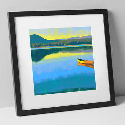 Bold Yellow Canoe on Windermere lake district lake art print in black frame