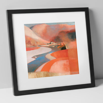 Winding Valley River in Terracotta lake district waterfall art print in black frame