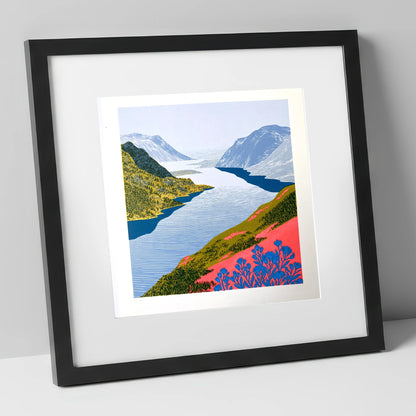 Graphic Lake And Fells In Coral lake district lake art print in black frame