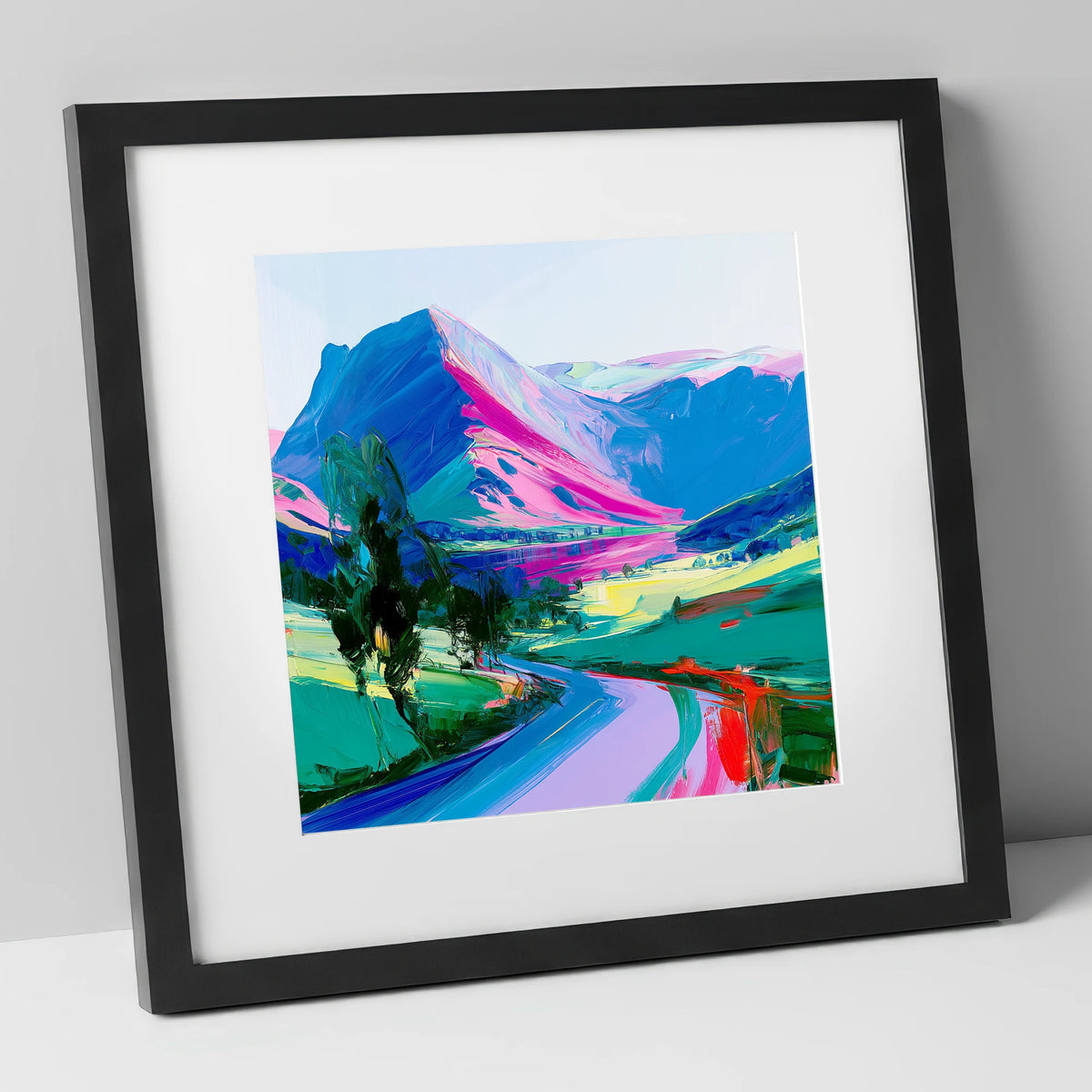 Vivid Magenta Lake District Fells lake district fell art print in black frame