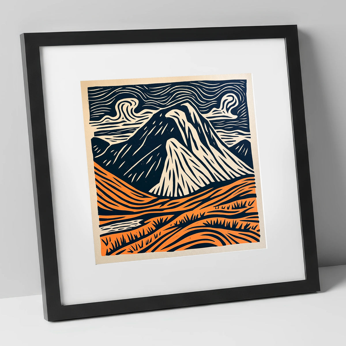 Great Gable in Navy and Orange lake district fell art print in black frame