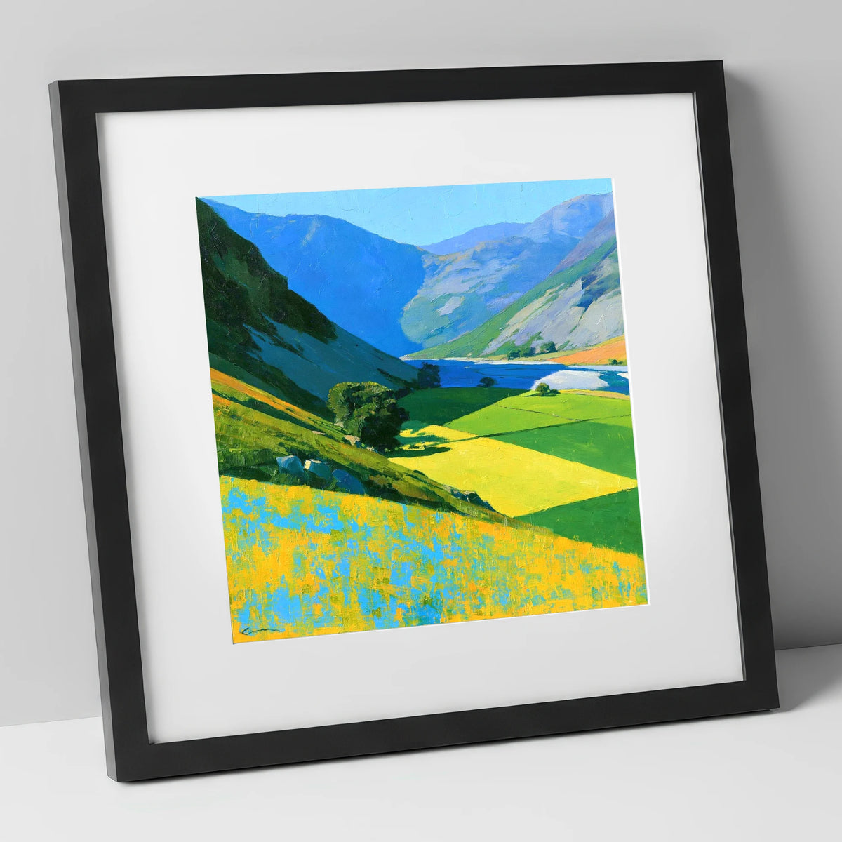 Vibrant Green Valley Between Fells lake district valley art print in black frame