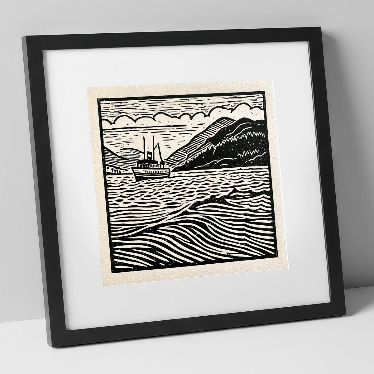 Monochrome Steamer on Ullswater lake district lake art print in black frame