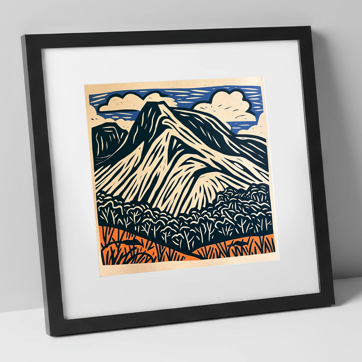 Bowfell Peak in Deep Navy lake district fell art print in black frame