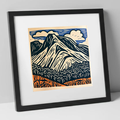 Bowfell Peak in Deep Navy lake district fell art print in black frame